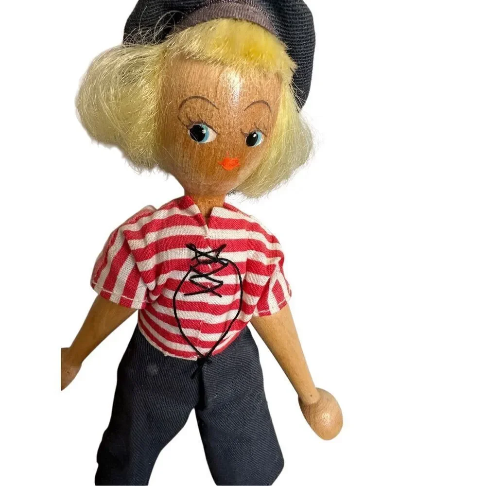 Polish Wooden Peg Doll Vintage 1940-1950’s Sailor Theme 7” tall